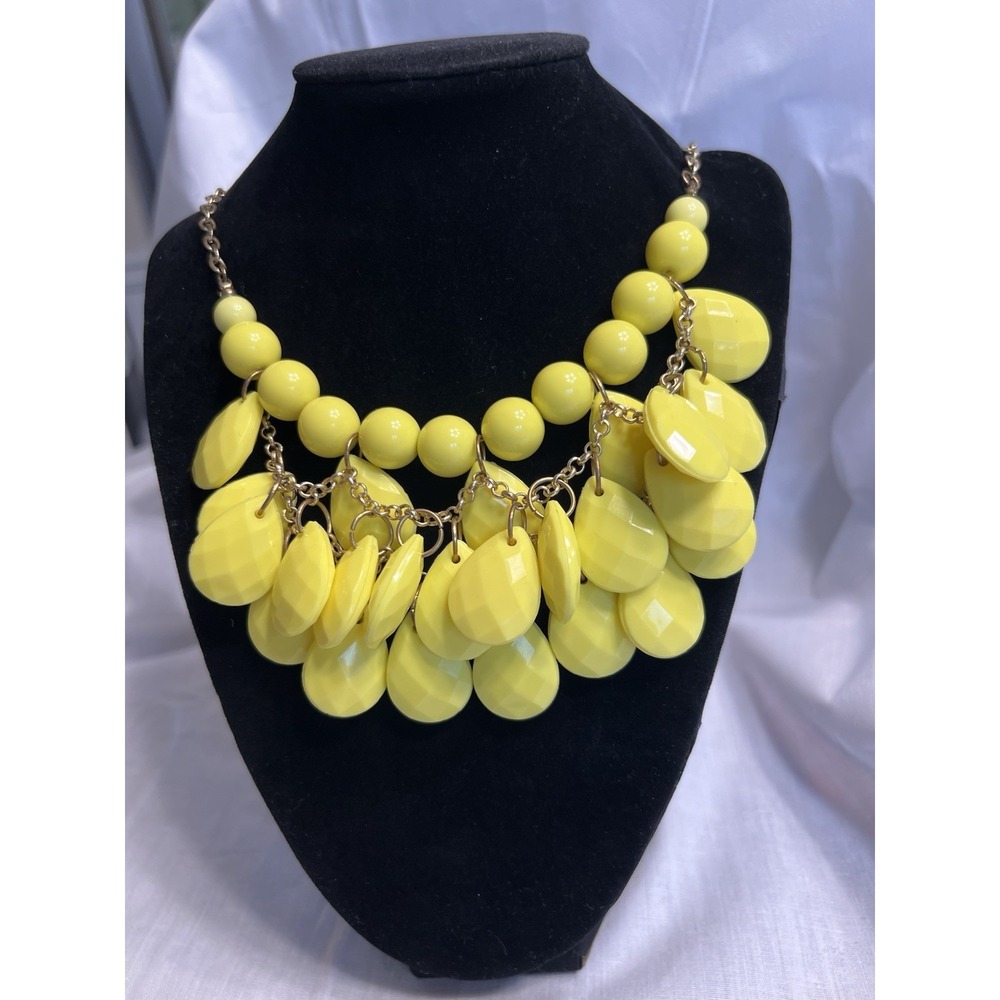 Vintage Yellow Bib Statement Beaded Necklace Gold-tone Chain